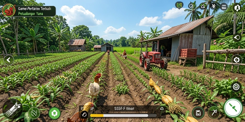 Tampilan gameplay <strong>555F</strong> dengan ladang hijau dan aktivitas bertani yang ramai.
