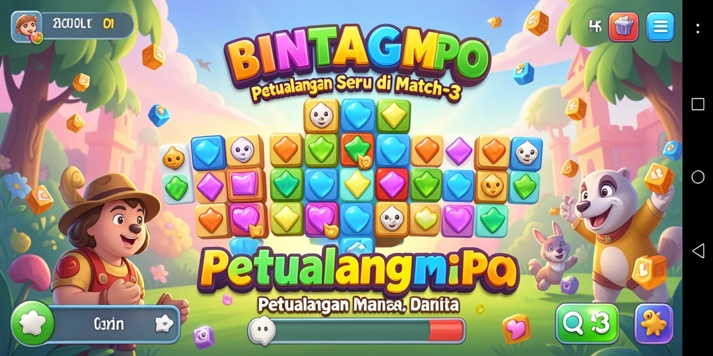 Gameplay seru BINTANGMPO dengan kombinasi permata warna-warni.