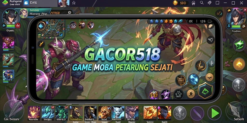 Tampilan seru gameplay MOBA di GACOR518 dengan pertarungan tim.