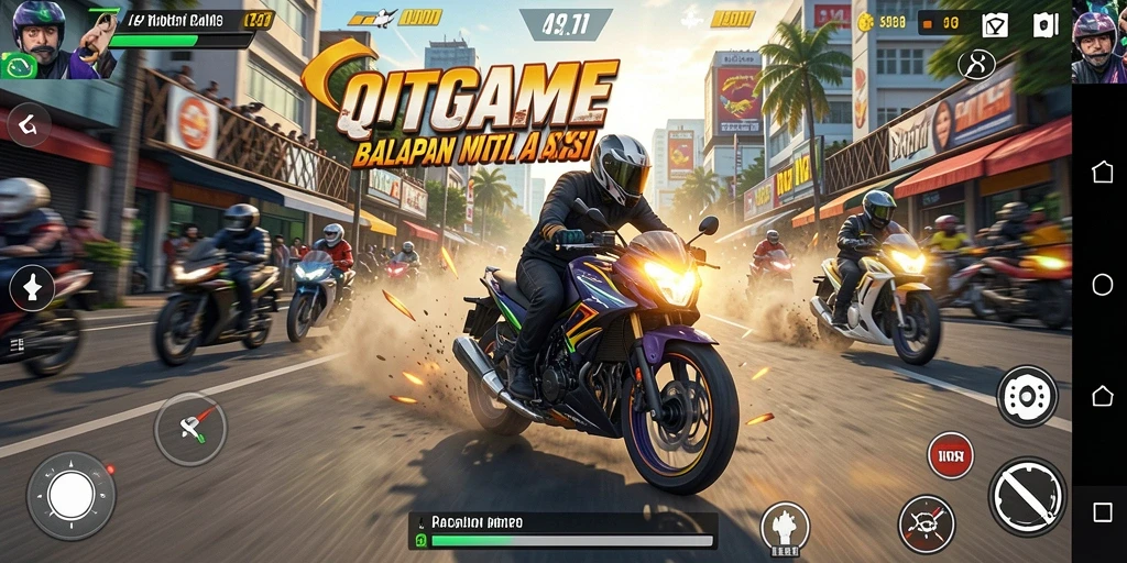 Gameplay QTGAME menampilkan balapan motor yang seru dan mendebarkan.